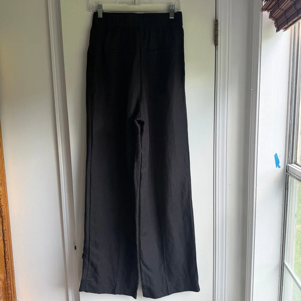 H&M Black Wide Leg Linen Blend Trousers High Waist Elastic Back Pants Size 6 NWT